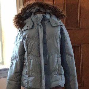 Blue gap puffer coat with furry hood